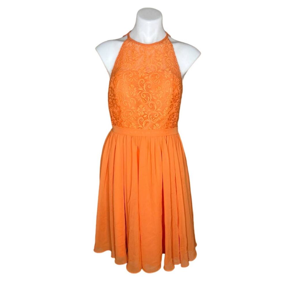 JJ'S HOUSE Halter Lace Top Bridesmaid Chiffon Mini Dress Orange Size Medium